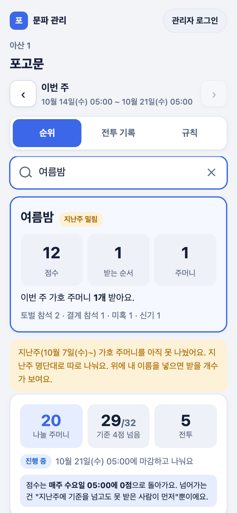 문파원 화면. 내 이름을 넣으면 점수와 받는 개수가 뜬다